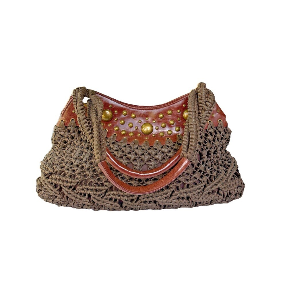 Chico’s Brown Woven Macrame Shoulder Bag Studded Boho Purse Y2K Vintage
